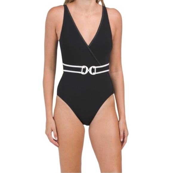New! Profile by Gottex California Girl Belted V-Neck One Piece Swimsuit - Picture 1 of 9